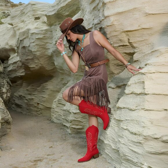 Women's Elegance Embroidery Red Chunky Heel Mid Calf Snip Toe Western Boots - Picture 2 of 6